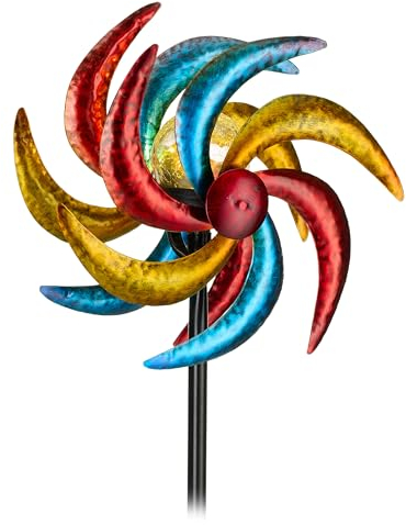 Relaxdays Solar Windrad, Garten, Blumenstecker mit Erdspieß, HBT: 117 x 30 x 15 cm, wetterfest, Eisen, Windspiel, bunt