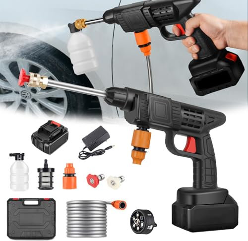 Hidrolimpiadora Inalámbrica, 48V Máx 90 Lavadora de Alta Presión Portátil Bar con Boquilla Multiaspersión 6 en 1, Manguera de 5M, Lanza de Extensión, Herramienta de Limpieza Automóviles