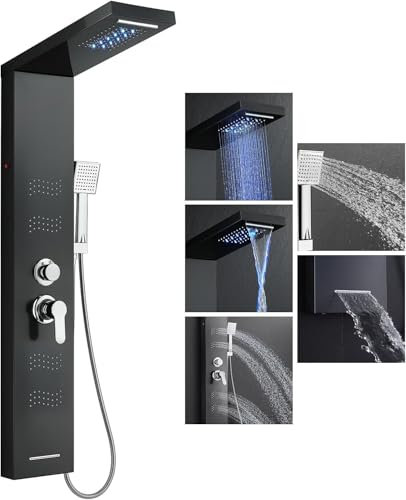 LIFFSSDG LED Duschpaneel aus Edelstahl Wand-Duschpaneel Multifunktions Duschsäule mit armatur 5 Dusch Funktion (Regendusche, Wasserfalldusche, Massagedusche, Wanneneinlauf Handbrause) Schwarz