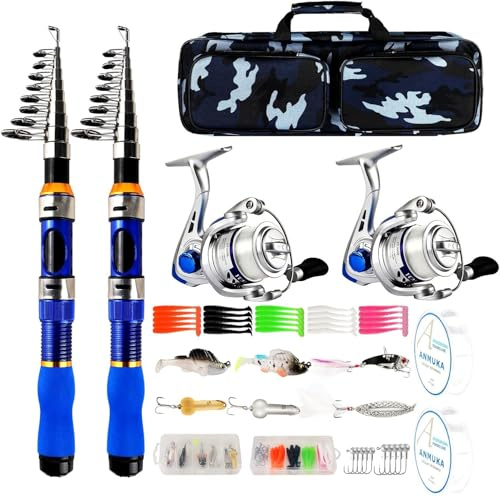 Teleskop-Angelrutenrolle, 2 Stück, 2 Stück, 2 Stück, zusammenklappbar, Angelrute, Spinnrolle, Zubehör mit Angeltasche, tragbares Angelruten-Set für Salzwasser, Süßwasser, Reisen, Angler, Geschenk