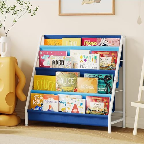 Aokitsink Kid Bookshelf for Kids Rooms, 4-Tier Blue Montessori Bookshelf,Toddler Children Bookshelf,Metal Kid's Book Storage Organizer for Boys Room Furniture Playroom Kindergarten