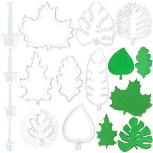 12 PCS Cookie Cutters Set Tropical Leaf Cookie Mold Cake Decorating Mould Blossom Plunger Cutters Plastic Fondant Molds Flower Cookie Cutter for Cookies Cake Fudge Decorating