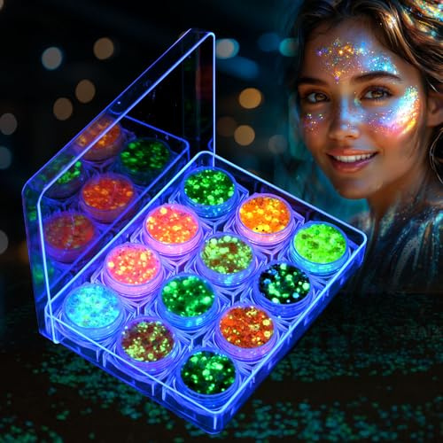 AOOWU Festival glitter ansikte, 12 färger fluorescerande glitter, body glitter gel chunky sequins för hår, kropp, festival tillbehör tillbehör prylar för halloween smink karneval, C