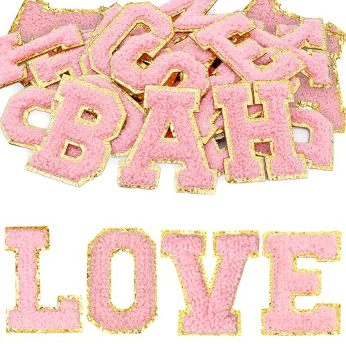 KEJOL 26 Pezzi Lettere Autoadesive Ricamate, Applicazioni A-Z per Vestiti, Borse, Cappelli, Stoffa, Scarpe & Astuccio Fai da Te (Rosa)