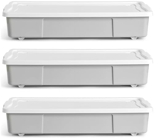 ALEEZ - 47L Underbed Storage Boxes with Wheels - Rectangular Plastic Rolling Storage Container for Clothes, Shoes, Bedding & Toys - Space Saving Durable Organiser for Bedroom & Home Use (Grey, 3x)