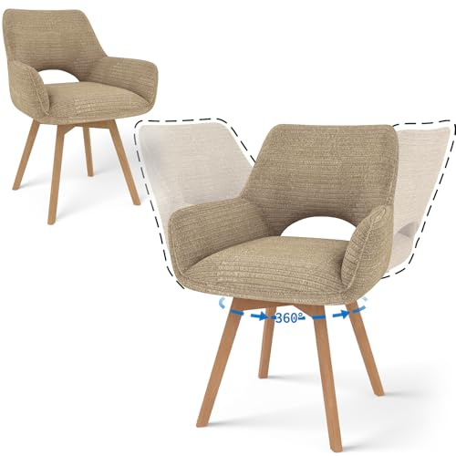JIJIAN Lot de 2 Chaises de Salle à Manger Pivotantes à 360° avec Accoudoirs et Pieds en Bois, Chaise Moderne Rembourrée avec Dossier en Tissu pour Cuisine, Salon ou Chambre, Marron