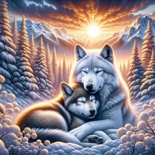Picmondoo Diamond Painting - 60x60cm - Wolfliebe im Sonnenaufgang