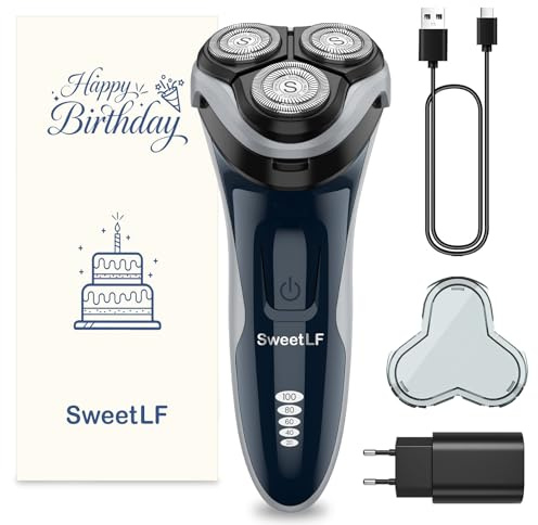 SweetLF Rasoio Elettrico Uomo,Regolabarba con Testine Rotanti 4D, Rasoio Ricaricabile Wet & Dry con Display LED, Rasatura Impermeabile IPX7 Blu Navy (Confezione regalo per compleanno Blue Razor)