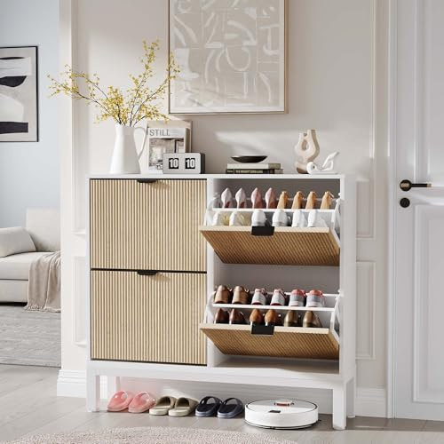 OPULENTHOME - Mueble para zapatos de madera con 4 puertas, almacenamiento de zapatos, 24 pares con estantes ajustables, mueble de entrada de ratán para entrada, salón, pasillo, 100 x 88 x 24 cm