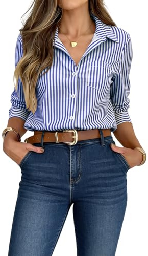 crazy bean Chemisier Femme Chic et Élégant à Manches Longues Chemise de Rayure Boutons Blouse Travail Tunique Plage Décontracté