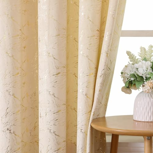Beige guldgardiner med marmoreffekt, H200 x B140 cm, 2-pack, mjuk velour, mörkläggande gardiner 75-80%, metallöljetter 4 cm, vardagsrum sovrum kontor