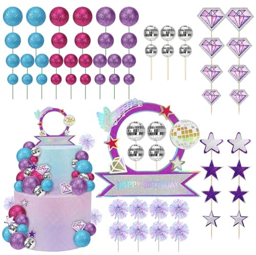 56 Pcs Decorazione per Torta k Pop, Discoteca Decorazioni Torta Compleanno, Palla da Discoteca, Decorazioni per Torte Palline Blu Viola, Stelle, per Compleanno, Carnevale, Feste