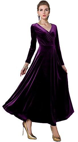 Urban GoCo Damen Elegant V-Ausschnitt Langarm Samt Maxi Kleider Party A Linie Lang Abendkleider