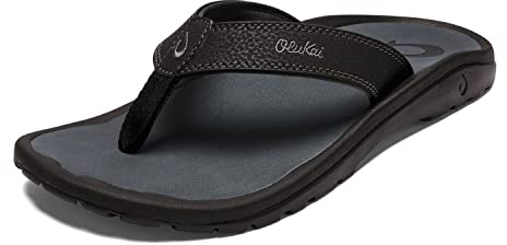 OLUKAI Ohana Men's Beach Sandals, Water Resistant Flip Flops, Arch Support & Comfort Fit, Lightweight & Durable, Enhanced Grip & Traction, Black/Dark Shadow, 10