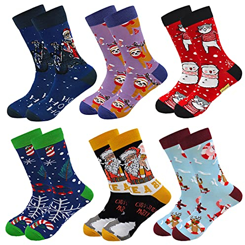 ZFSOCK Chaussette Hommes Fantaisie Drôle: Chaussette de Noël en Coton Idée Cadeau Homme Humour Original Couleur Motif Rigolote Socquettes Classiques 39-46,Noël-B-6 paires