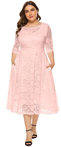 Odizli Robe de soirée élégante à manches 3/4 pour femme - En dentelle - Pour mariage, fête, coctail - Grandes tailles, Rose, XXXXL