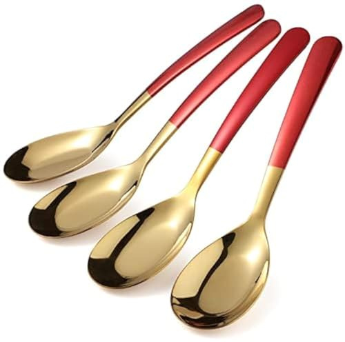 Stainless Steel Asian Soup Spoons Set of 4 - Long Handle Dinner Spoons
