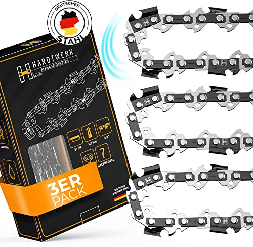 HARDTWERK ALPHA Sägeketten 3/8 1,3mm für 35cm Schwert 52 TG 3er Pack Halbmeißel [Deutscher Stahl] kompatibel mit Kettensägen von Makita, Husqvarna, Dolmar, Bosch, Kärcher und mehr (Selbstölend)