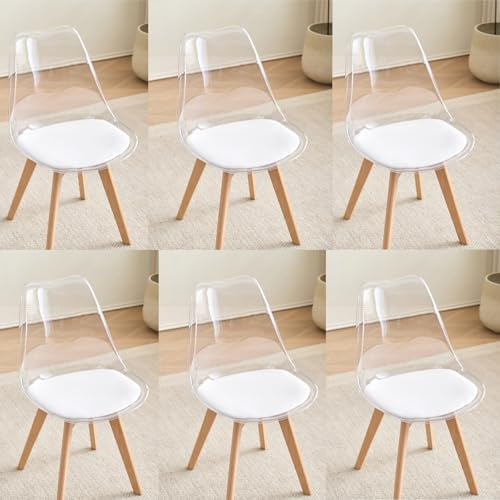 GrandCA HOME Set di 6 Sedie da Pranzo Nordiche con Schienale Trasparente, Sedia Imbottita con Sedile Imbottito in Tessuto di Lino (Bianco-PU)