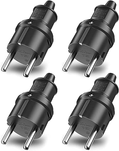 KEAGAR Schutzkontakt-Stecker mit Knickschutztülle, Stecker 250V (16A), spritzwassergeschützt und langlebig Kann für 6-16mm Kabel Schutzkontakt Stecker aus SEBS, IP44, bruchfest, schwarz, 4 Stück