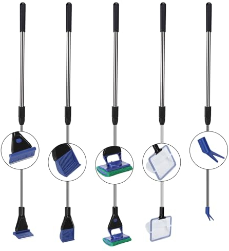 Nobleza Aquarium-Reinigungsset, 5-in-1 Reinigungszubehör Einziehbares für Aquarium mit Fischnetz, Algenschaber, Kiesbesen, Schwammbürste, Wasserpflanzen-Gabel