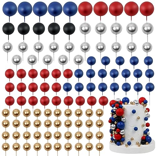 Acmee 115 PCS Ball Cake Toppers - Mini Balloon Cake Decorations Foam Ball Cupcake Picks DIY Cake Insert Toppers for Birthday Party Wedding Baby Shower (Blue,Red,Black,Silver)