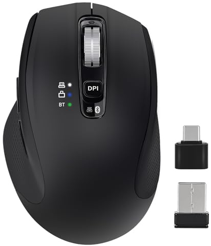CHHI Wireless Bluetooth Mouse with USB-A, USB-C Receiver, Rechargeable, 3-Device, Full-Size, Silent Click, Ergonomic Mice for MacBook/Laptop/Computer/Tablet/PC/iPad-Black