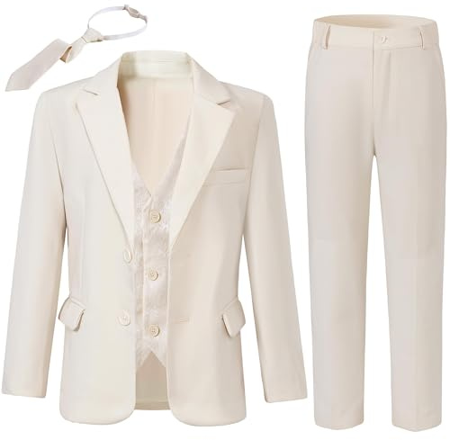 SANMIO Boys Suit 4 Piece Slim Fit Boys Suits Sets Jacket Vest Pants Tie for Kids Suits Boys Formal Wear Toddler Ring Bearer Outfit Boys Easter Suits Boy Tuxedo Set Off-White