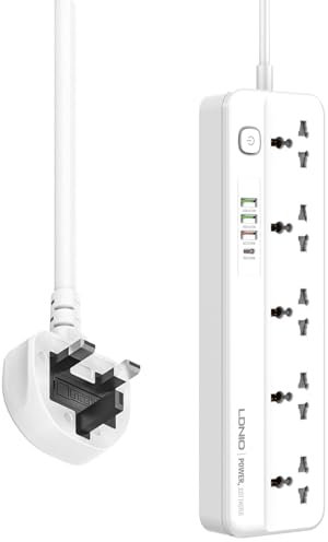 9-in1 Extension Lead 5 Universal AC Socket Power Strip With 4 USB Ports Fast Charge (1PD 20W+1QC3.0+2 Auto-ID) More Power Socket Cord with Switch 2m Extension cord Child Safe Door