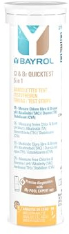 BAYROL Quicktest 5 en 1 tiras de prueba para piscina, pH, cloro, bromo, alcalinidad, dureza total, ácido cianúrico, probador de agua para piscina, tiras de prueba de cloro para piscina