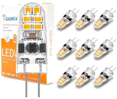 I-SHUNFA Lampadine G4 LED 1.2W Dimmerabile AC/DC 12-24V Bianco caldo 3000K Mini lampadina LED Sostituzione 10W-15W G4 lampadina alogena per cucina, cappa aspirante, ufficio (Confezione da 10)