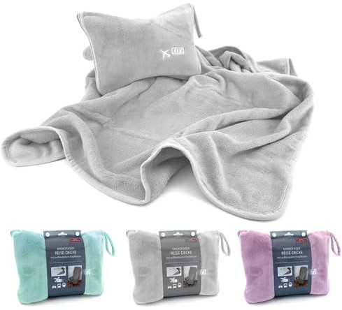heimtexland ® Reise-Set Reisedecke mit Nackenkissen aufblasbar kompakt leicht für Flugzeug Auto Bahn Camping Wandern Urlaub 80x120 Decke mit Tasche und Kissen für Unterwegs Typ908 grau