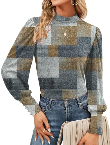 Tisfeer Blusa de manga larga para mujer, elegante, blusa informal | Blusa para mujer, cuello alto, camiseta básica, manga abultada, holgada, informal, para otoño, túnica para mujer