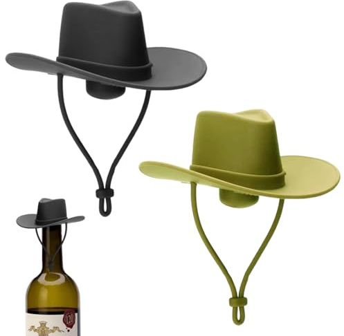 GXGM 2 Pcs Tappi Bottiglie Vino,Tappi di Sughero per Vino, Tappi per Vino in Silicone,Divertenti Tappi per Cappelli da Cowboy,Graziosi Accessori per il Vino,Utensili da Cucina (Nero, Verde)