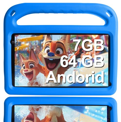 GOODTEL Tablette Android 7 | Système Android avec 7 Go + 64 Go de mémoire | Bluetooth | WiFi | GPS | Double caméra | Jeux éducatifs et jeux pour parents | Housse de protection anti-éclaboussures EVA