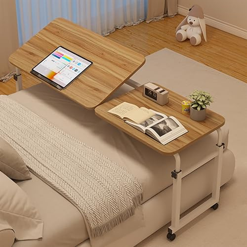 ZYZSY Table de lit avec roulettes Extensible de 140 à 190 cm, Mobile, Chariot pour Ordinateur Portable, Peut être surélevé de 55 à 87 cm, Plateau inclinable(Oak)