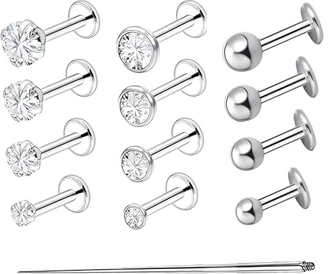 nuneoeuo 13 PCS Helix Piercing Jewellery Set, Tragus Piercing Jewellery with 1 Perforation Tool, 3 Styles Stud Earrings Helix Earring Tragus Earrings Silvery Conch Lip Nose Bars Ear Studs Jewelry