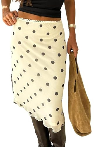 SANSIWU Women's Elegant Polka Dot Midi Skirts Retro Mesh Ruffle Hem Going Out Skirt Y2k Slim Fit Knee Length Skirt for Party Daily Wear
