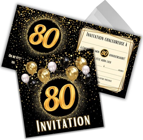 JOCERO - Invitation Anniversaire 80 Ans – Cartes Invitation 80e Anniversaire Homme Femme – Lot de 12 Cartes 12x12 cm avec Enveloppes – Carton Invitation Élégant Noir Or à Remplir Anniversaire Adulte