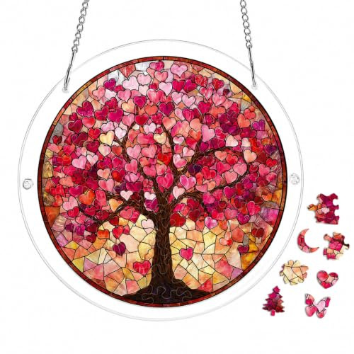 Acrylic Jigsaw Puzzle Suncatcher, Tree of Love Pattern Sun Catchers for Windows, 83 Pieces Acrylic Suncatcher Puzzle with Frame and Chain, DIY Home Decor Gift for Women Men Birthday, 7 In