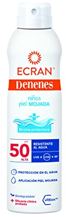 Ecran Denenes - Bruma Protectora Solar Piel Mojada FPS 50+ para Niños en Spray, 80 Minutos de Protección UVB, UVA e IR-A, con Extracto de Algodón y Vitamina E, Pieles Sensibles y Atópicas - 250 ml