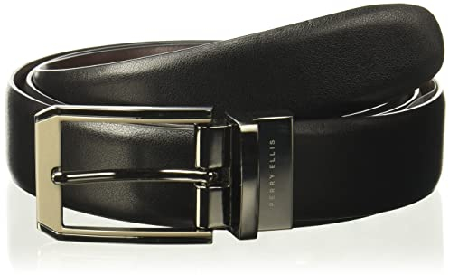 Perry Ellis Men's Portfolio 2-Tone Reversible Belt with Matte and Shine Buckle (Sizes 30-42 Inches), Black/Brown, 34