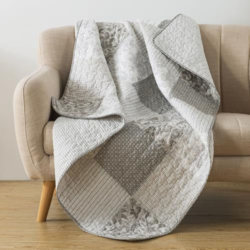 SLPR Cotton Quilted Throw Blanket, 50 x 60 Floral Farmhouse Patchwork Quilt, Shabby Chic Patchwork Throw Lap Quilt for Couch, Silver Linings