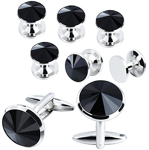 Hawson, set composto da gemelli e borchie in pietra nera sfaccettata, per camicia da smoking da uomo, ottone, colore: 6-Silver, cod. 400362