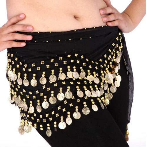 EliteKoopers 3 Rows Belly Dance Costume Belt Skirt Hip Wrap Outfit Gold Coin Bead Scarf (1 Pcs)