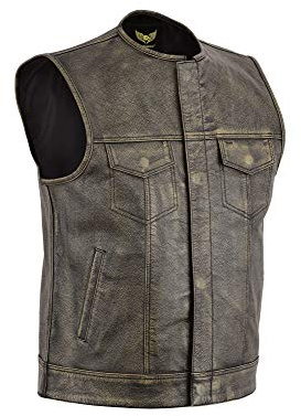Chaleco de motociclista Leatherick SOA para hombre, de grano superior, marrón antiguo, sin cuello, estilo chaleco de montar a la moda con bolsillos profundos. (FR/ES, Números, 52, Regular, Regular)