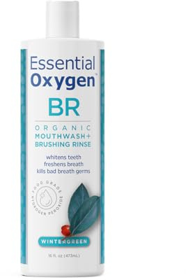 Essential Oxygen Certified BR Organic Brushing Rinse, All Natural Mouthwash for Whiter Teeth, Fresher Breath, and Happier Gums, Alcohol-Free Oral Care, Wintergreen, 16 Ounce