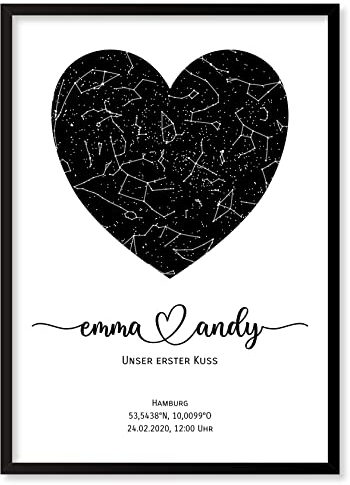 Personalisierte Sternenkarte - Sternenhimmel Poster - Die Sternenkarte vom Wunschdatum mit Wunschtext - Personalisiertes Geschenk für Paare - Valentinstag, Kennenlernen, Verlobung, Hochzeit
