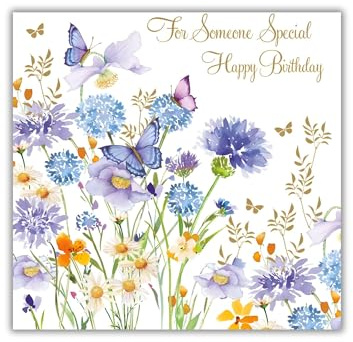 Nigel Quiney Female 'Happy Birthday' Card - 'For Someone Special' - Pretty Design with Blue Allium and Butterflies - the Pizazz Range