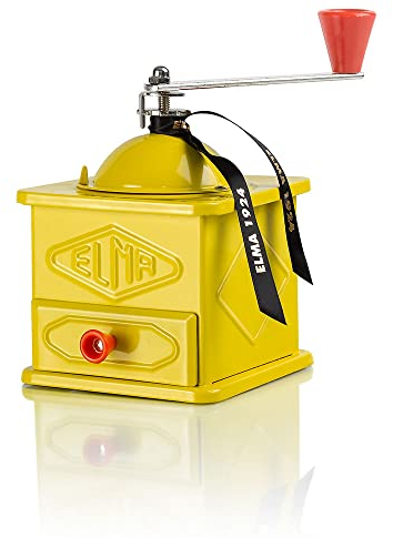 Macinacaffè manuale Elma in stile vintage realizzato in lamiera | Piatto, uso decorativo, 10,5 x 10,5 x 15,5 cm | Mulino a vento retrò | Non macina il caffè | Progettato in Spagna | Giallo
